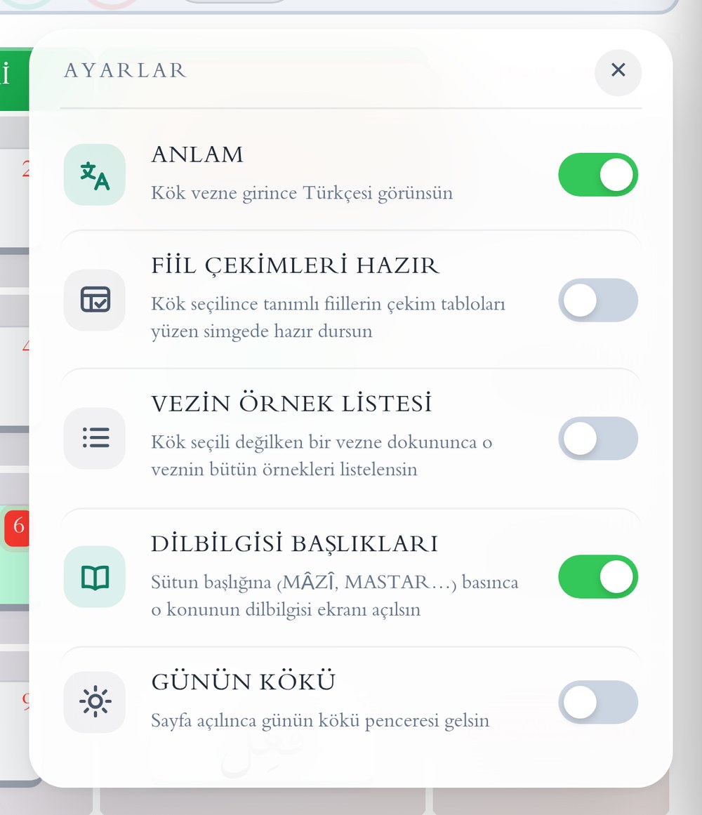 Ayarlar menüsü